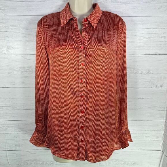 Finley rust red cream herringbone medium button up blouse women y2k academia usa - Picture 1 of 7